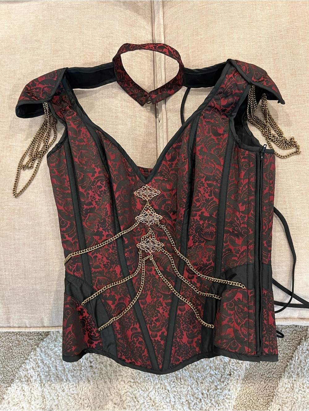 Red Brocade Closed Front Epaulettes Corset (30'') - Picture 2 of 4